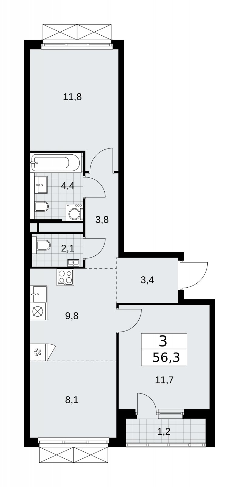 3-комнатная квартира (евро) с частичной отделкой, 56.3 м2, 6 этаж, сдача 2 квартал 2026 г., ЖК Прокшино, корпус 11.2.3 - объявление 2270511 - фото №1