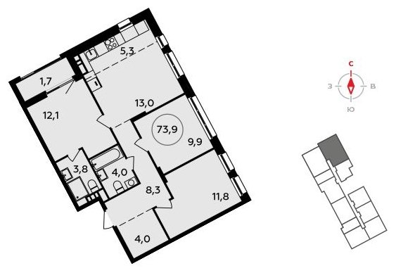 4-комнатная квартира (евро) без отделки, 73.9 м2, 5 этаж, сдача 3 квартал 2023 г., ЖК Прокшино, корпус 4.3 - объявление 1893307 - фото №1