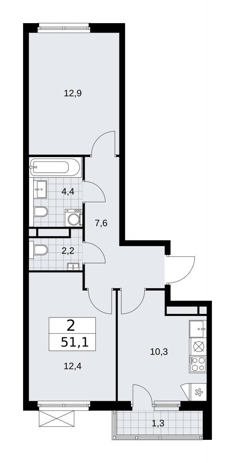 2-комнатная квартира без отделки, 51.1 м2, 11 этаж, сдача 1 квартал 2026 г., ЖК Прокшино, корпус 11.2.1 - объявление 2270027 - фото №1