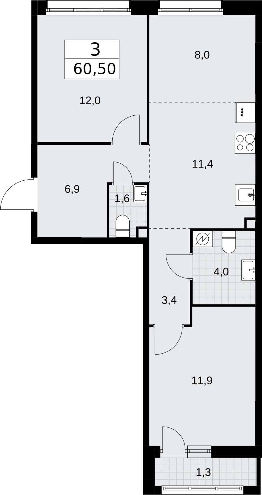 3-комнатная квартира (евро) с полной отделкой, 60.5 м2, 2 этаж, сдача 4 квартал 2026 г., ЖК Родные кварталы, корпус 3.3 - объявление 2378602 - фото №1