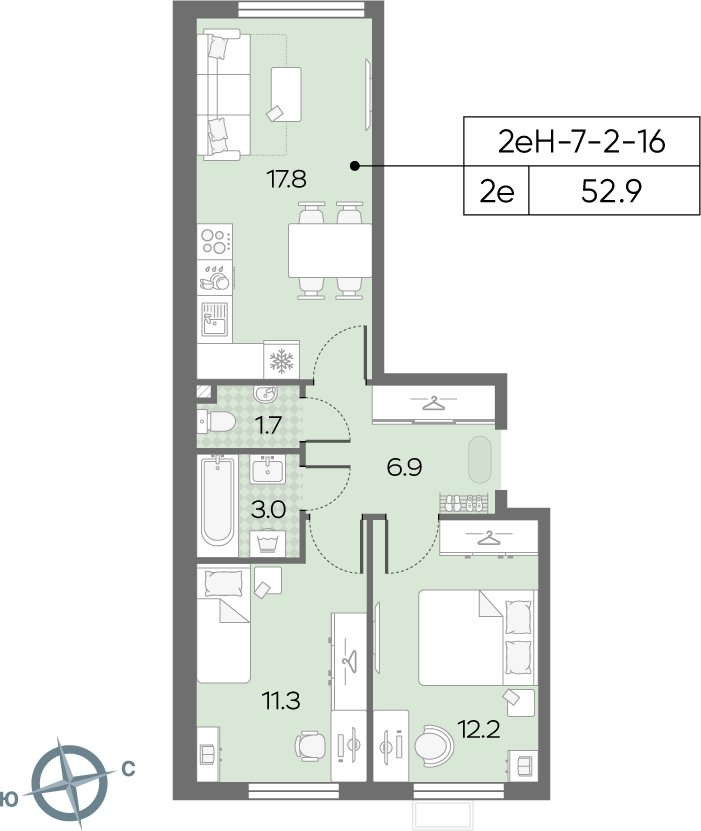 2-комнатная квартира с полной отделкой, 52.9 м2, 14 этаж, сдача 3 квартал 2024 г., ЖК Лучи, корпус 15 - объявление 2184487 - фото №1