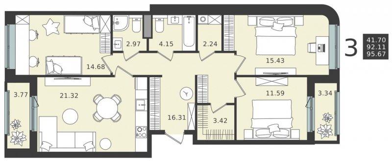 3-комнатная квартира без отделки, 95.67 м2, 1 этаж, сдача 1 квартал 2024 г., ЖК Мишино-2, корпус 5 - объявление 1948347 - фото №1