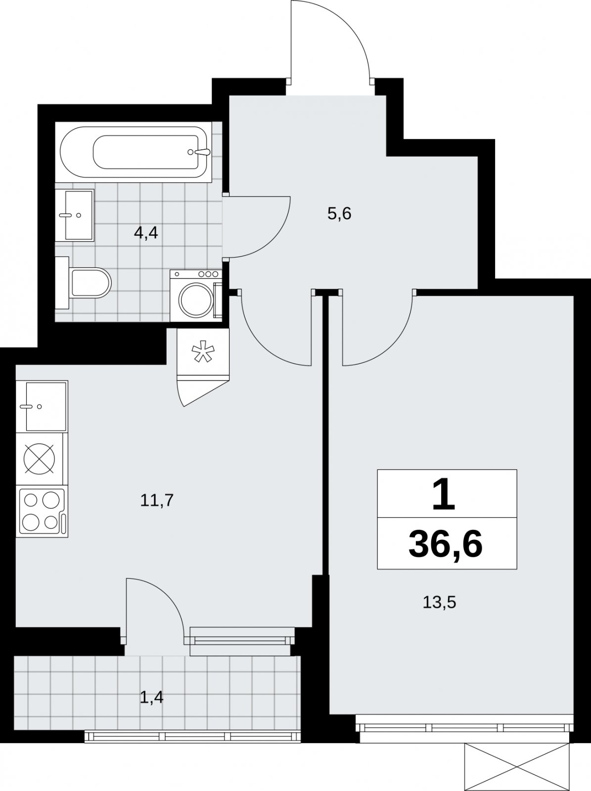 1-комнатная квартира без отделки, 36.6 м2, 11 этаж, сдача 1 квартал 2026 г., ЖК Дзен-кварталы, корпус 6.2.1 - объявление 2328443 - фото №1