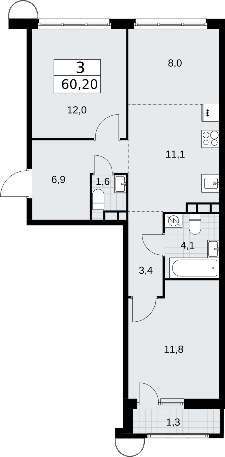 3-комнатная квартира (евро) с полной отделкой, 60.2 м2, 5 этаж, сдача 4 квартал 2026 г., ЖК Родные кварталы, корпус 3.2 - объявление 2378420 - фото №1