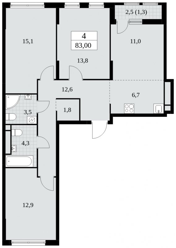 4-комнатная квартира (евро) с частичной отделкой, 83 м2, 11 этаж, сдача 2 квартал 2025 г., ЖК Южные сады, корпус 2.1 - объявление 1759906 - фото №1