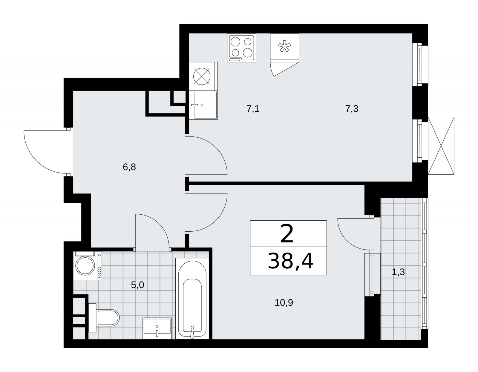 2-комнатная квартира (евро) без отделки, 38.4 м2, 11 этаж, сдача 4 квартал 2025 г., ЖК Прокшино, корпус 11.1.4 - объявление 2257625 - фото №1