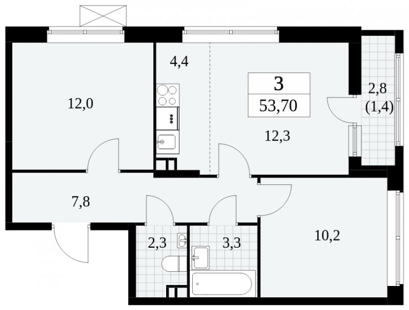 3-комнатная квартира (евро) без отделки, 53.7 м2, 3 этаж, сдача 3 квартал 2024 г., ЖК Прокшино, корпус 8.4 - объявление 1684096 - фото №1