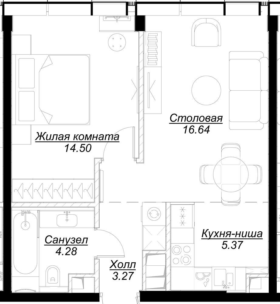 1-комнатная квартира с частичной отделкой, 44.07 м2, 52 этаж, сдача 4 квартал 2024 г., ЖК MOD, корпус Mann - объявление 2332049 - фото №1