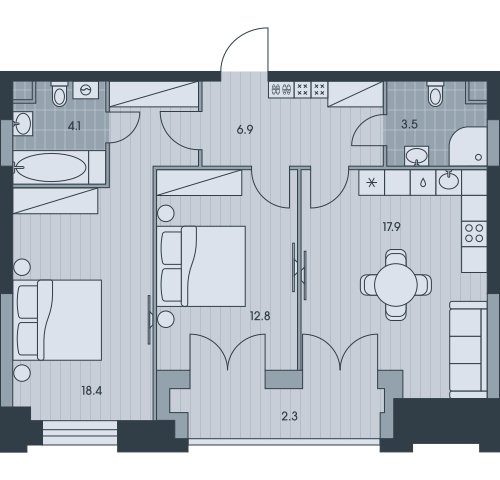 3-комнатная квартира (евро) без отделки, 65.9 м2, 19 этаж, сдача 3 квартал 2025 г., ЖК EVER, корпус 5 - объявление 2331770 - фото №1