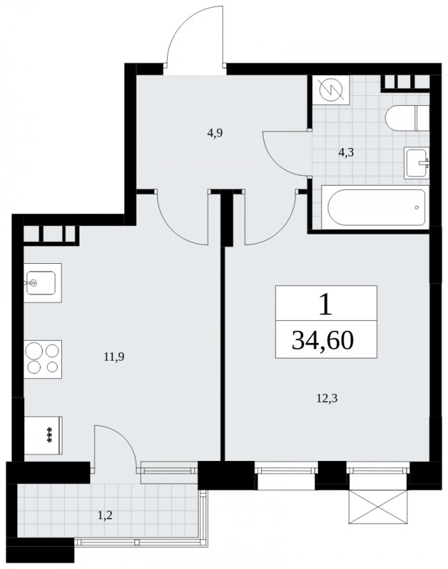 1-комнатная квартира без отделки, 34.6 м2, 4 этаж, сдача 4 квартал 2024 г., ЖК Бунинские кварталы, корпус 1.3 - объявление 1880868 - фото №1