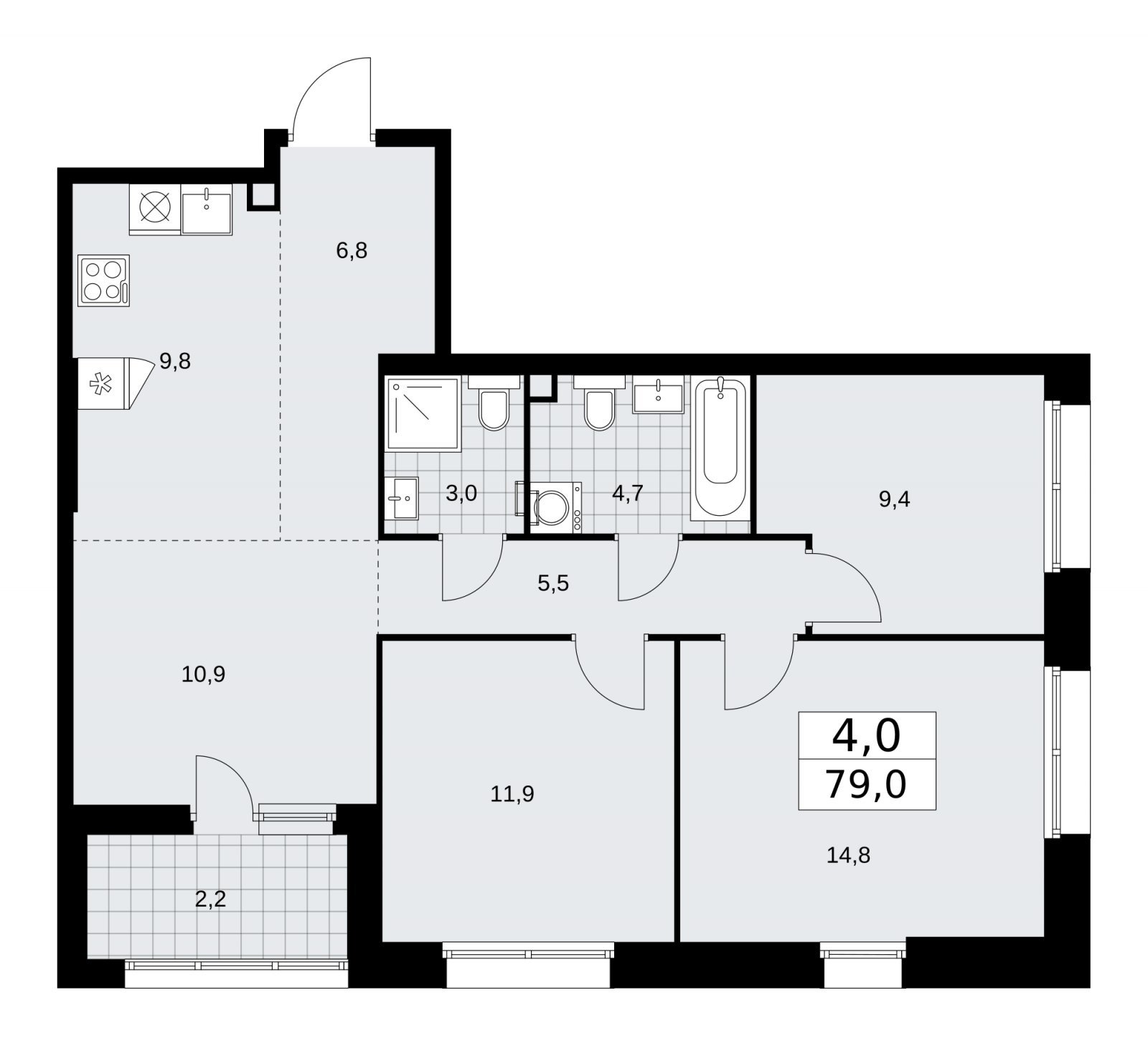 4-комнатная квартира (евро) с частичной отделкой, 79 м2, 2 этаж, сдача 1 квартал 2026 г., ЖК Бунинские кварталы, корпус 6.1 - объявление 2252348 - фото №1