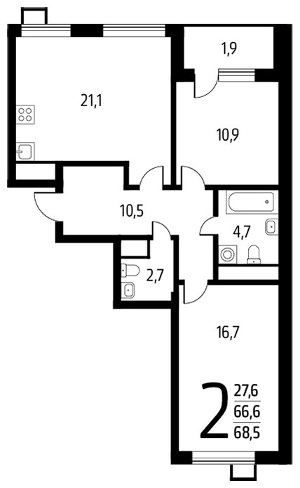 2-комнатная квартира с полной отделкой, 68.5 м2, 6 этаж, сдача 1 квартал 2024 г., ЖК Новые Ватутинки. Центральный, корпус 9/3 - объявление 1674626 - фото №1