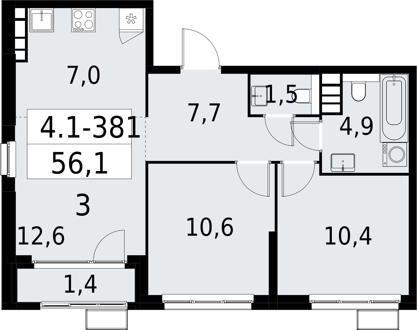 3-комнатная квартира (евро) с полной отделкой, 56.1 м2, 24 этаж, сдача 2 квартал 2027 г., ЖК Южные сады, корпус 4.1.2 - объявление 2392887 - фото №1