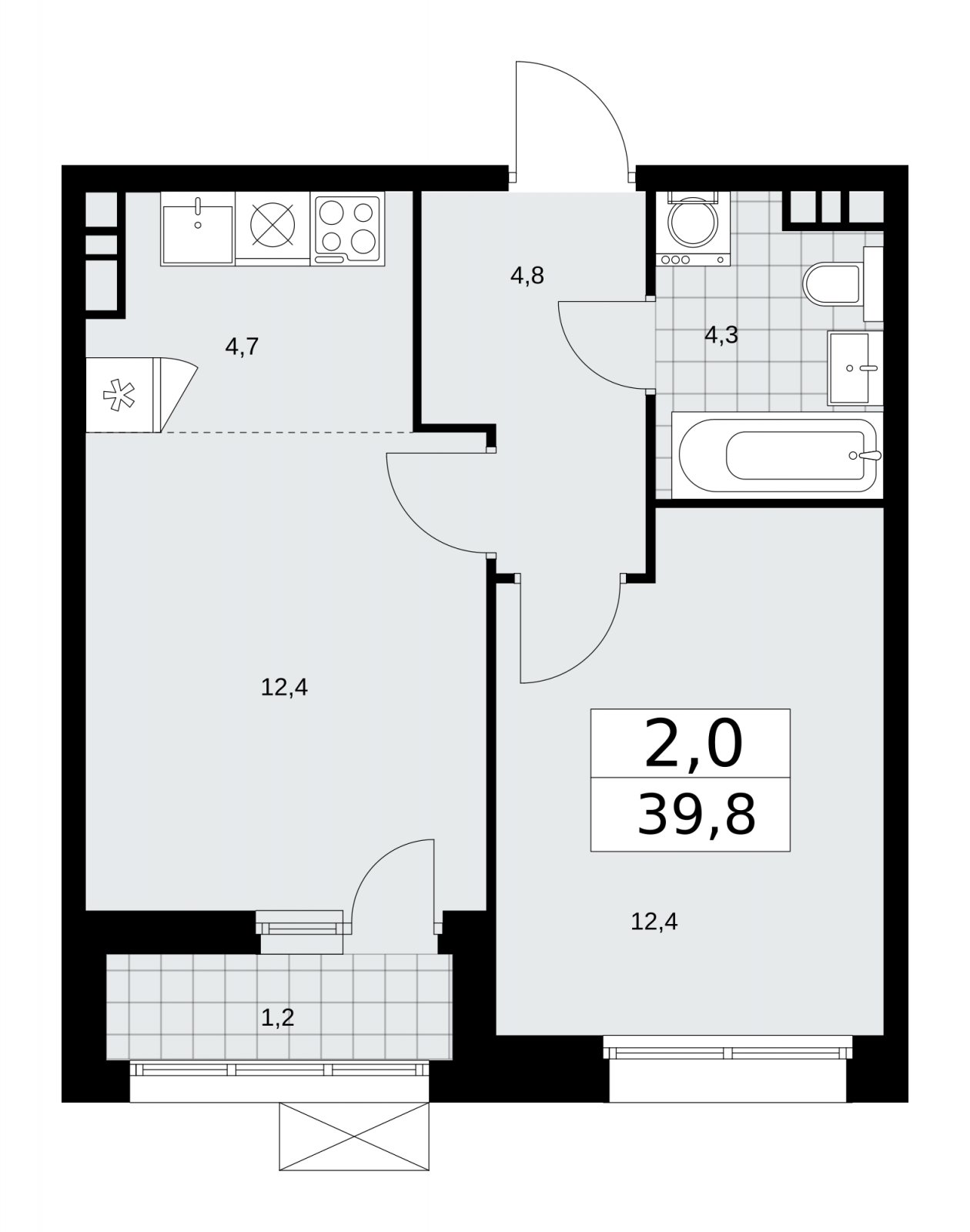 2-комнатная квартира (евро) с частичной отделкой, 39.8 м2, 4 этаж, сдача 1 квартал 2026 г., ЖК Бунинские кварталы, корпус 6.3 - объявление 2252651 - фото №1