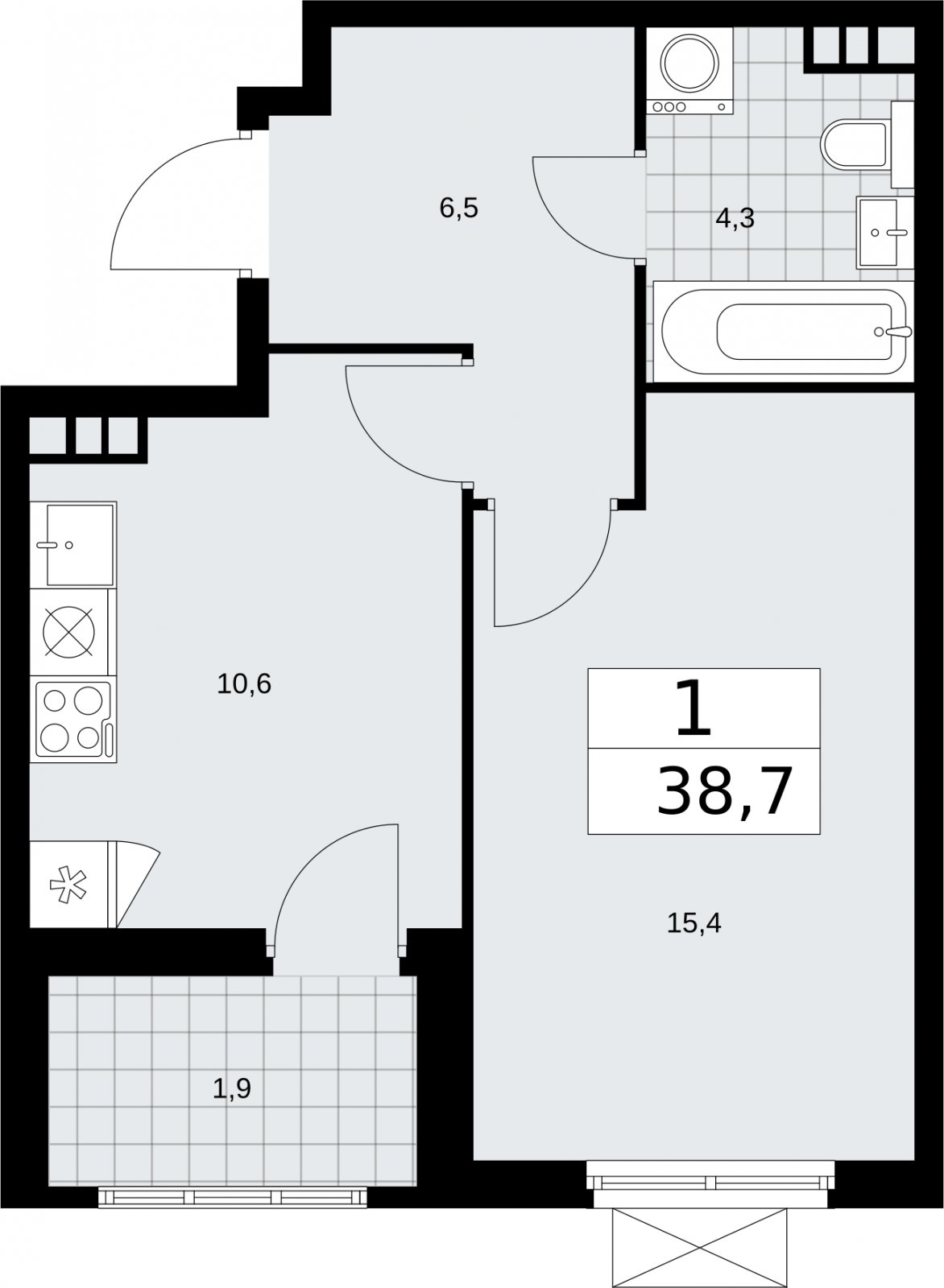 1-комнатная квартира без отделки, 38.7 м2, 4 этаж, сдача 2 квартал 2026 г., ЖК Бунинские кварталы, корпус 5.3 - объявление 2297517 - фото №1