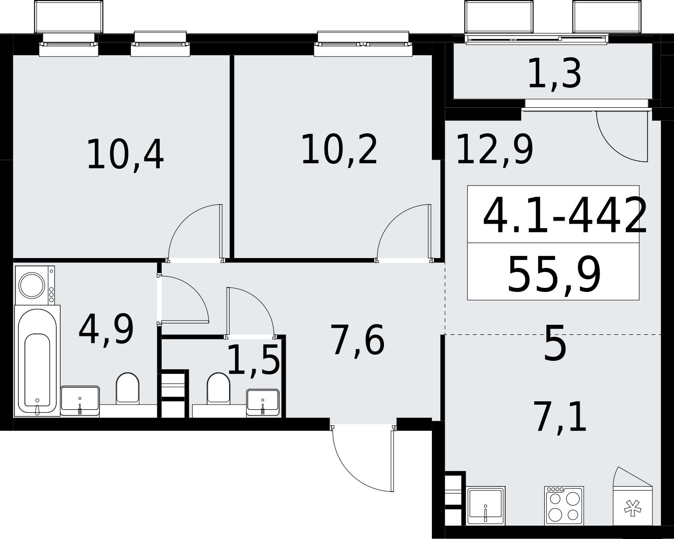 3-комнатная квартира (евро) с полной отделкой, 55.9 м2, 6 этаж, сдача 2 квартал 2027 г., ЖК Южные сады, корпус 4.1.2 - объявление 2392947 - фото №1