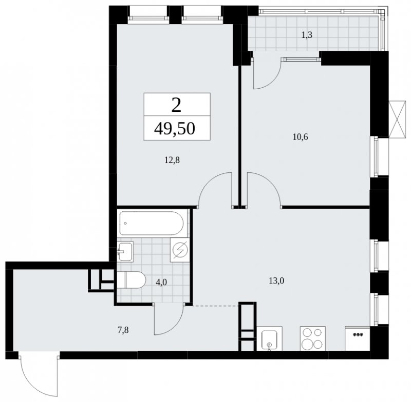 2-комнатная квартира без отделки, 49.5 м2, 8 этаж, сдача 2 квартал 2025 г., ЖК Дзен-кварталы, корпус 2.3 - объявление 1932570 - фото №1