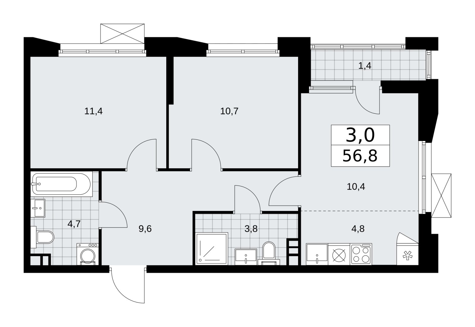 3-комнатная квартира (евро) с частичной отделкой, 56.8 м2, 3 этаж, сдача 1 квартал 2026 г., ЖК Бунинские кварталы, корпус 6.2 - объявление 2252573 - фото №1