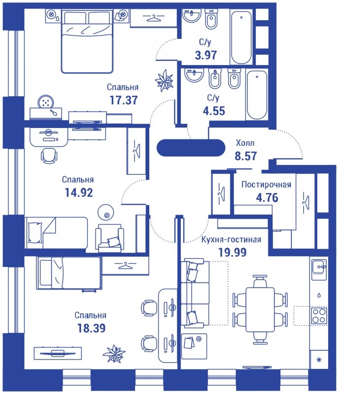 4-комнатная квартира с полной отделкой, 92.52 м2, 4 этаж, сдача 3 квартал 2024 г., ЖК iLove, корпус 2 - объявление 1935186 - фото №1