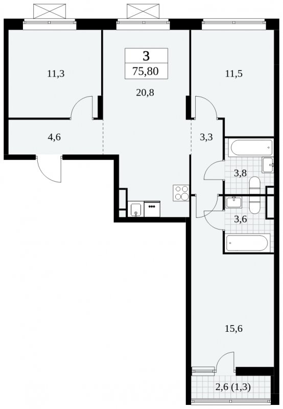 3-комнатная квартира без отделки, 75.8 м2, 6 этаж, сдача 3 квартал 2024 г., ЖК Прокшино, корпус 8.4 - объявление 1684018 - фото №1