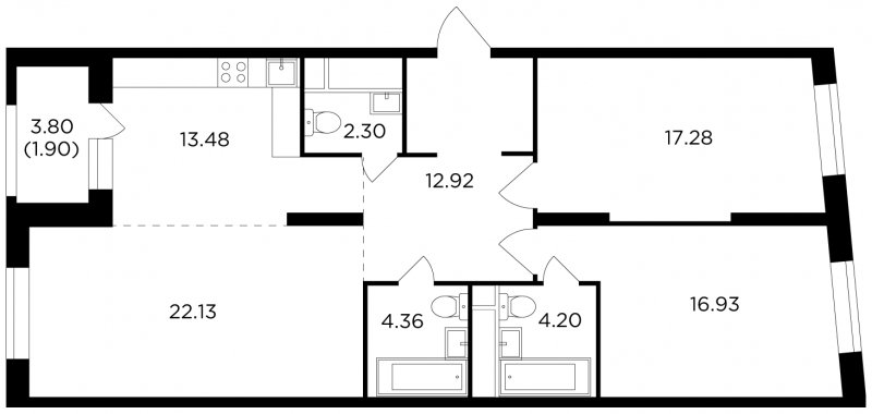 3-комнатная квартира без отделки, 95.5 м2, 28 этаж, сдача 2 квартал 2022 г., ЖК КутузовGRAD 2, корпус 5 - объявление 1679211 - фото №1