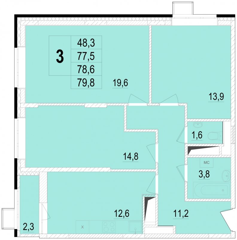 3-комнатная квартира без отделки, 78.6 м2, 23 этаж, сдача 1 квартал 2024 г., ЖК Отрадный, корпус 4 - объявление 1576002 - фото №1