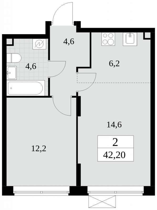 2-комнатная квартира (евро) с частичной отделкой, 42.2 м2, 2 этаж, сдача 2 квартал 2025 г., ЖК Прокшино, корпус 5.1.2 - объявление 1860128 - фото №1