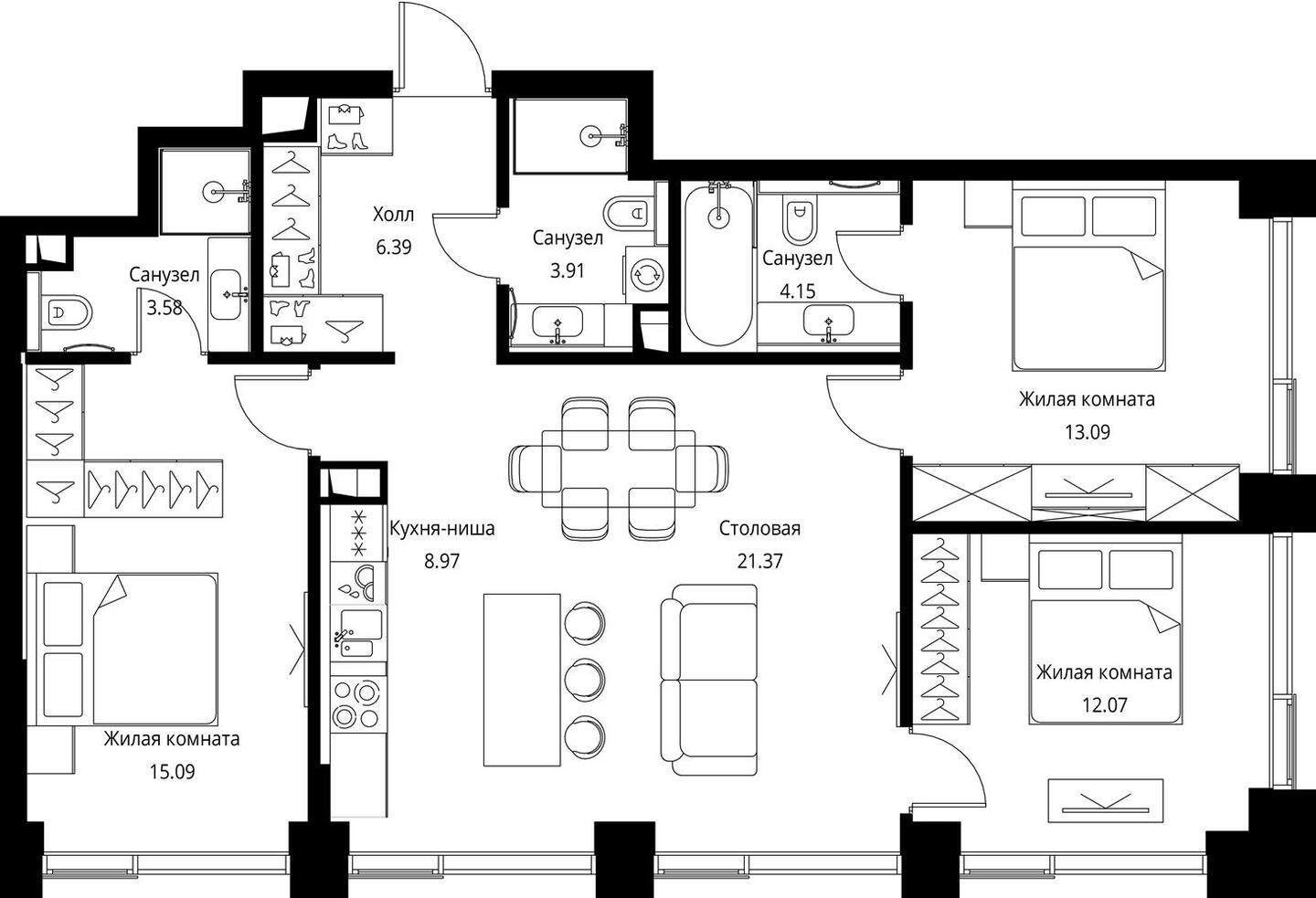 3-комнатная квартира с частичной отделкой, 88.62 м2, 6 этаж, сдача 3 квартал 2026 г., ЖК City Bay, корпус North Ocean 6 - объявление 2240671 - фото №1