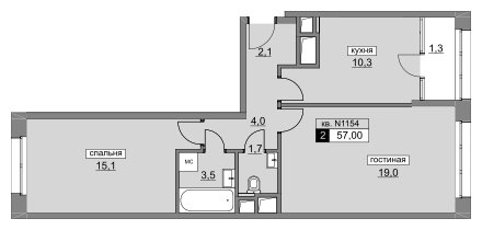 2-комнатная квартира без отделки, 57 м2, 17 этаж, сдача 4 квартал 2022 г., ЖК Румянцево-Парк, корпус 3 - объявление 1187290 - фото №1