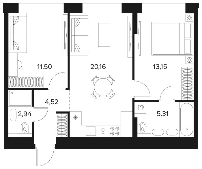 2-комнатная квартира без отделки, 57.07 м2, 19 этаж, сдача 4 квартал 2024 г., ЖК FØRST, корпус 1 - объявление 1942360 - фото №1