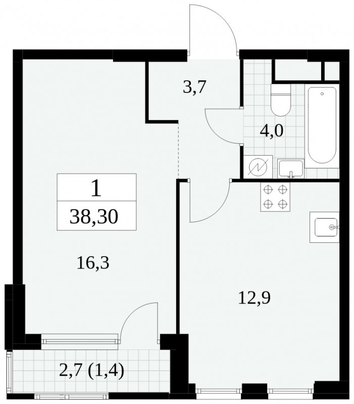 1-комнатная квартира без отделки, 38.3 м2, 8 этаж, сдача 2 квартал 2025 г., ЖК Южные сады, корпус 2.4 - объявление 1760304 - фото №1