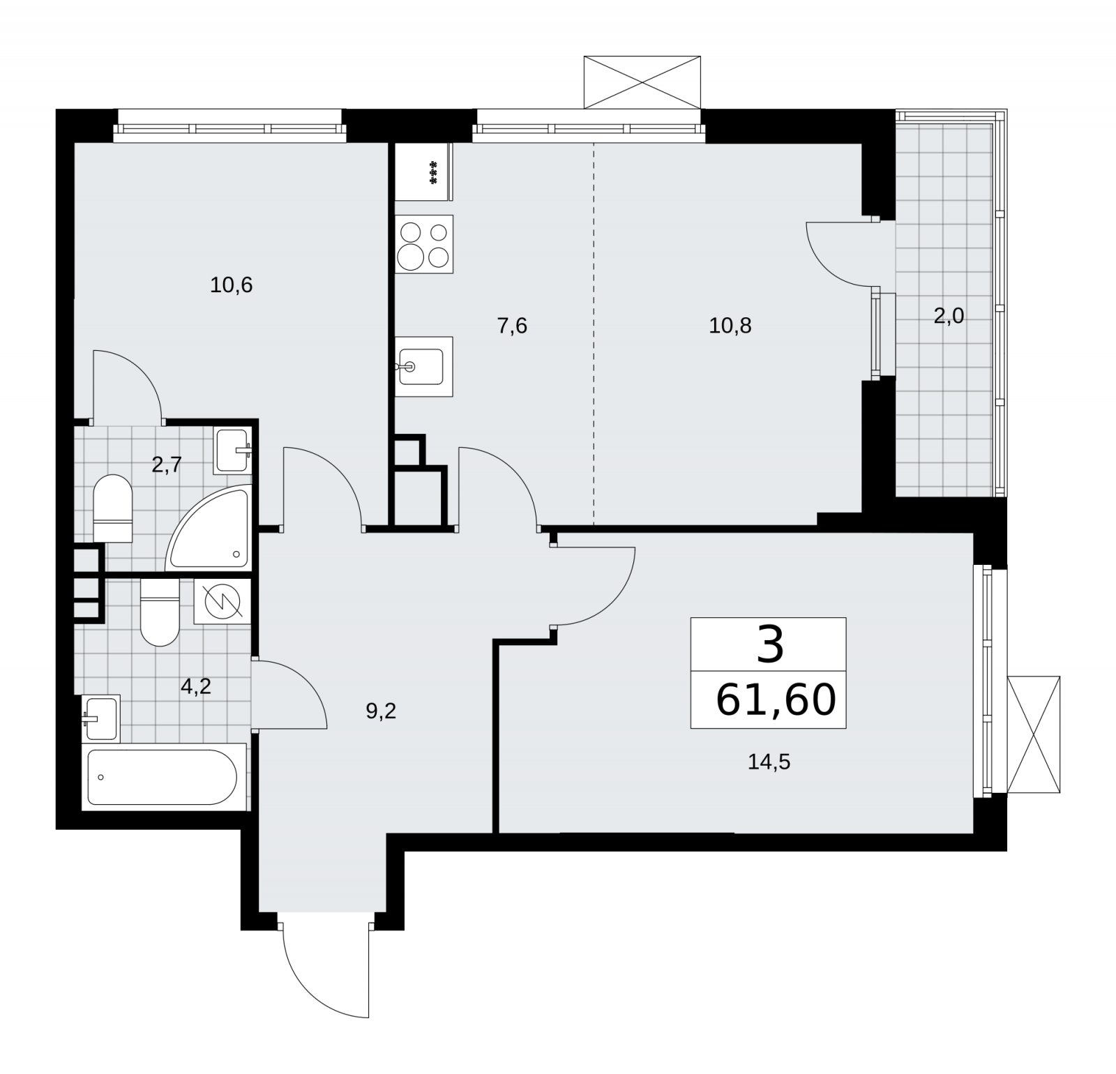 3-комнатная квартира (евро) без отделки, 61.6 м2, 3 этаж, сдача 3 квартал 2025 г., ЖК Бунинские кварталы, корпус 3.2 - объявление 2151820 - фото №1