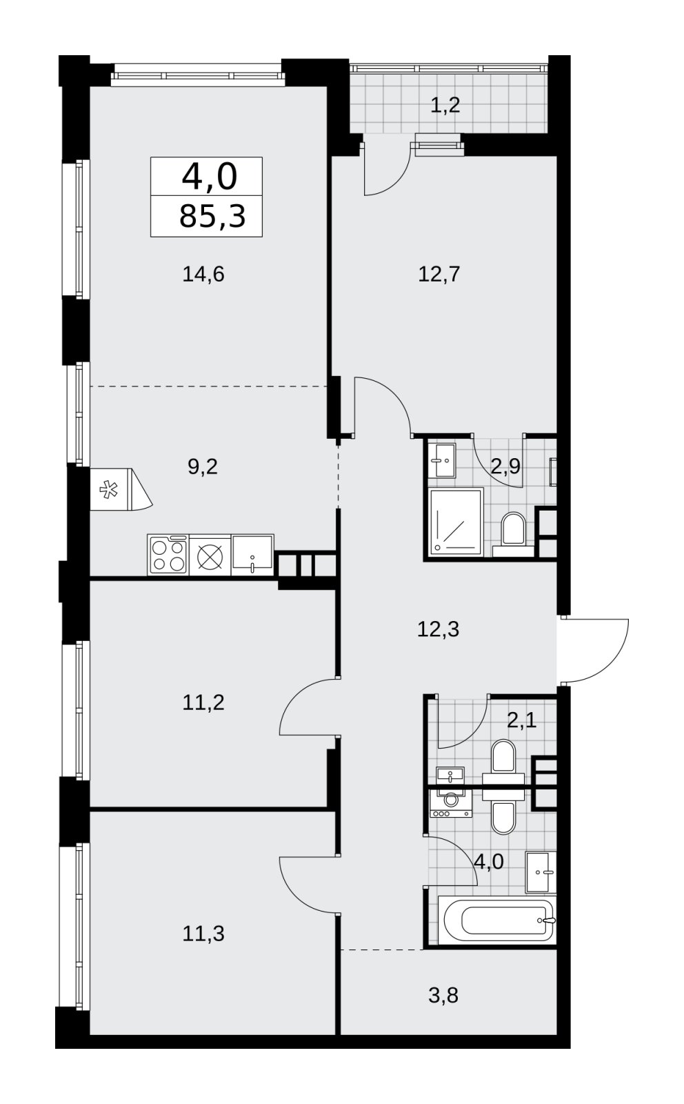 4-комнатная квартира (евро) без отделки, 85.3 м2, 3 этаж, сдача 1 квартал 2026 г., ЖК Прокшино, корпус 10.1.1 - объявление 2226755 - фото №1
