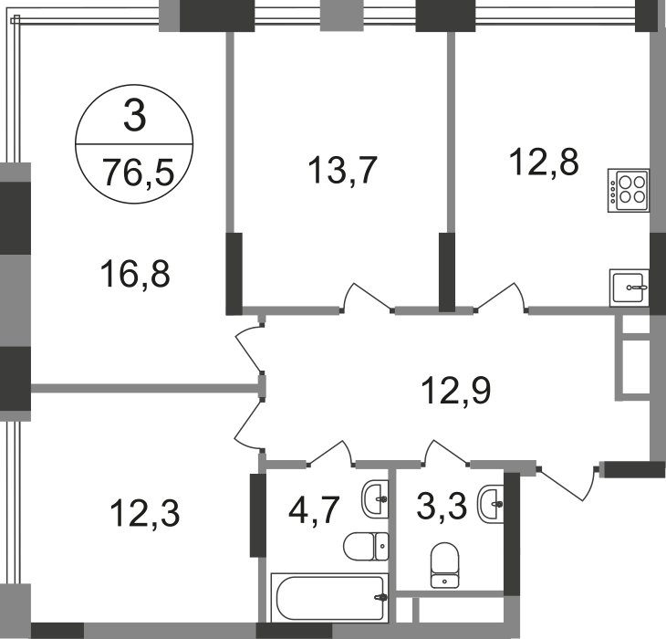 3-комнатная квартира без отделки, 76.5 м2, 10 этаж, сдача 1 квартал 2025 г., ЖК город-парк Переделкино Ближнее, корпус 17-1 - объявление 2265556 - фото №1