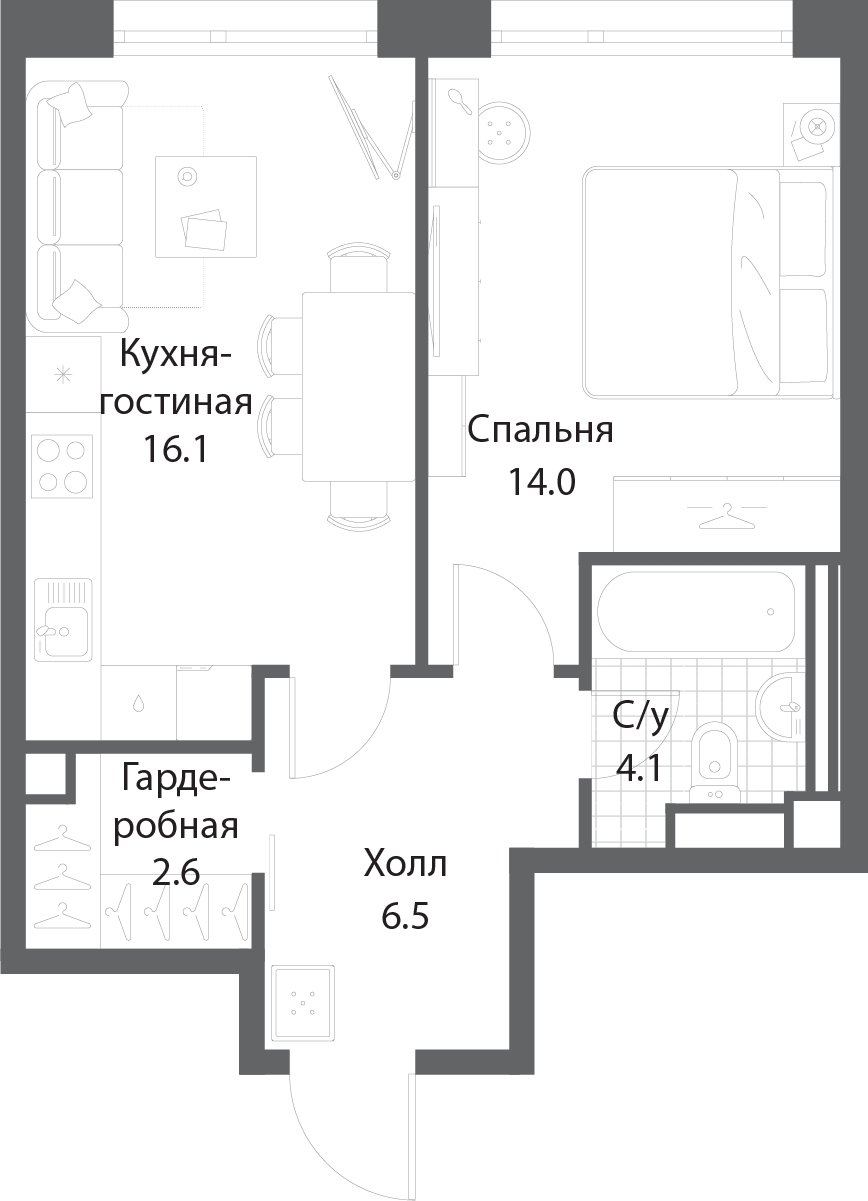1-комнатная квартира без отделки, 43.3 м2, 18 этаж, сдача 3 квартал 2025 г., ЖК Nagatino i-Land, корпус 2 (3 очередь) - объявление 1997529 - фото №1