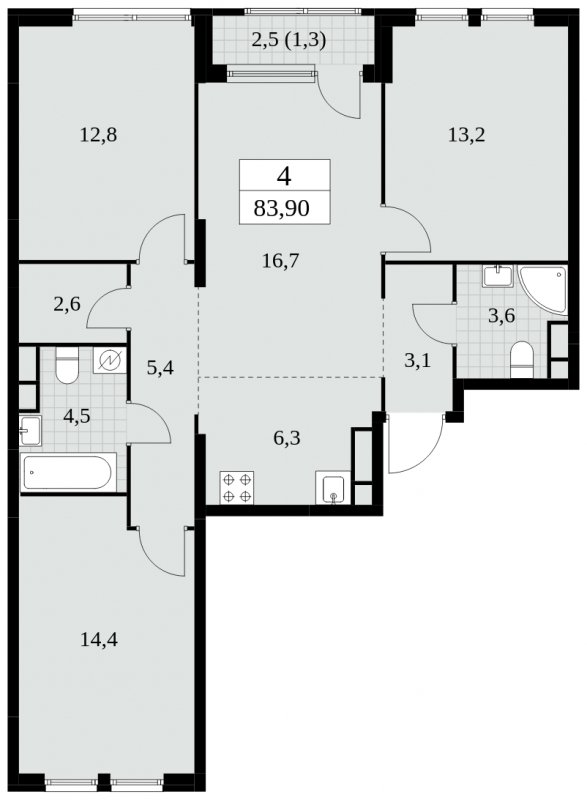 4-комнатная квартира (евро) без отделки, 83.9 м2, 14 этаж, сдача 2 квартал 2025 г., ЖК Южные сады, корпус 2.4 - объявление 1760341 - фото №1