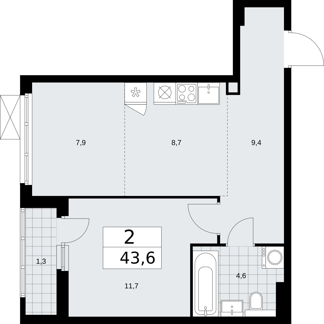 2-комнатная квартира (евро) с полной отделкой, 43.6 м2, 2 этаж, сдача 2 квартал 2026 г., ЖК Бунинские кварталы, корпус 7.1 - объявление 2319416 - фото №1