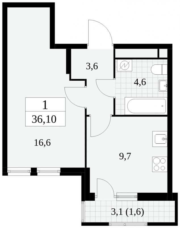 1-комнатная квартира без отделки, 36.1 м2, 6 этаж, сдача 2 квартал 2025 г., ЖК Южные сады, корпус 2.3 - объявление 1758057 - фото №1