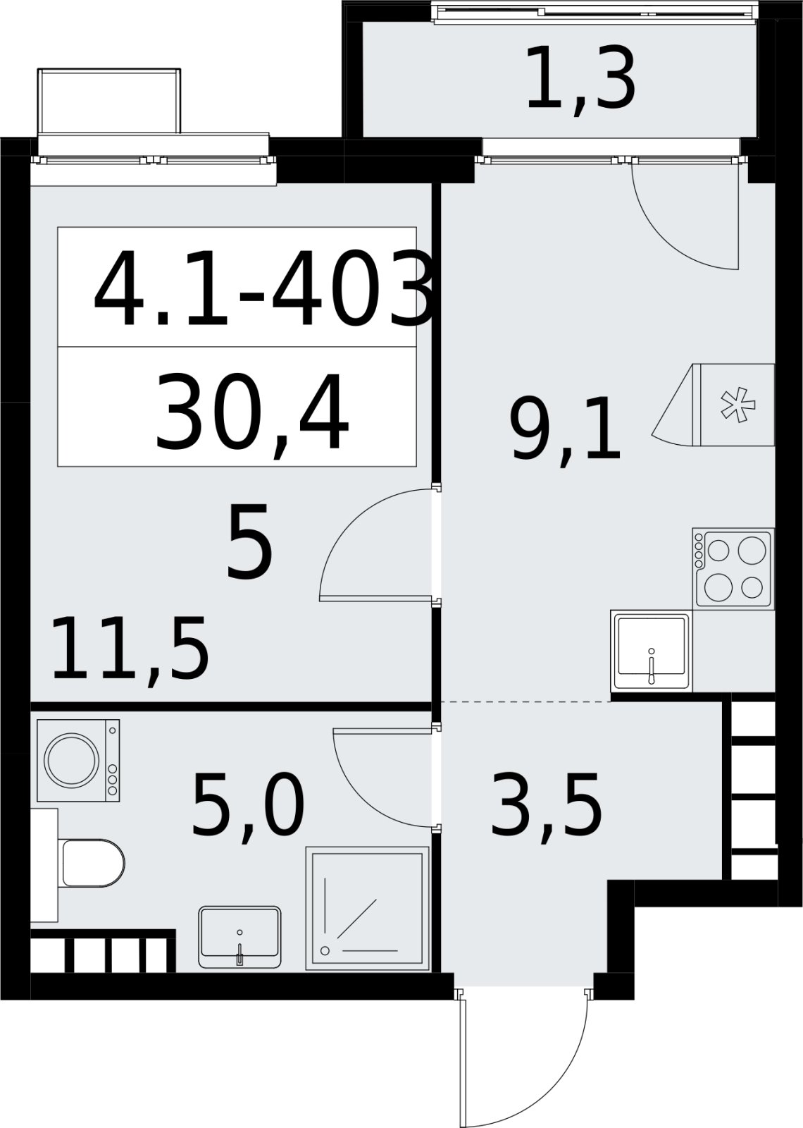 1-комнатная квартира с полной отделкой, 30.4 м2, 28 этаж, сдача 2 квартал 2027 г., ЖК Южные сады, корпус 4.1.2 - объявление 2392909 - фото №1