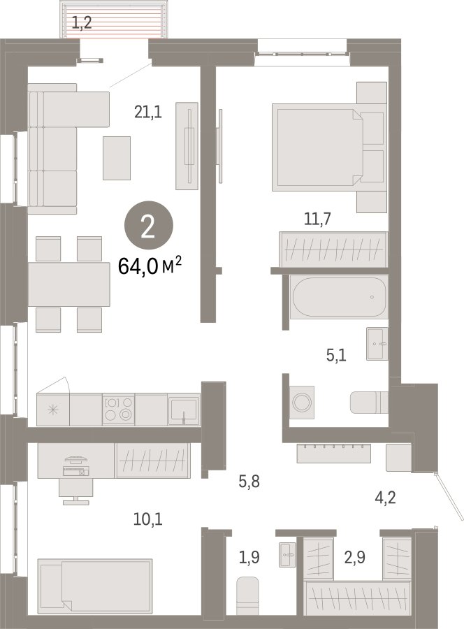 2-комнатная квартира с частичной отделкой, 64 м2, 11 этаж, сдача 3 квартал 2026 г., ЖК Квартал Метроном, корпус 1 - объявление 2300568 - фото №1