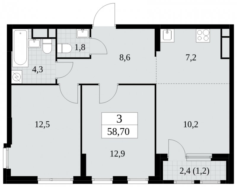 3-комнатная квартира (евро) с частичной отделкой, 58.7 м2, 15 этаж, сдача 2 квартал 2025 г., ЖК Южные сады, корпус 2.2 - объявление 1757560 - фото №1