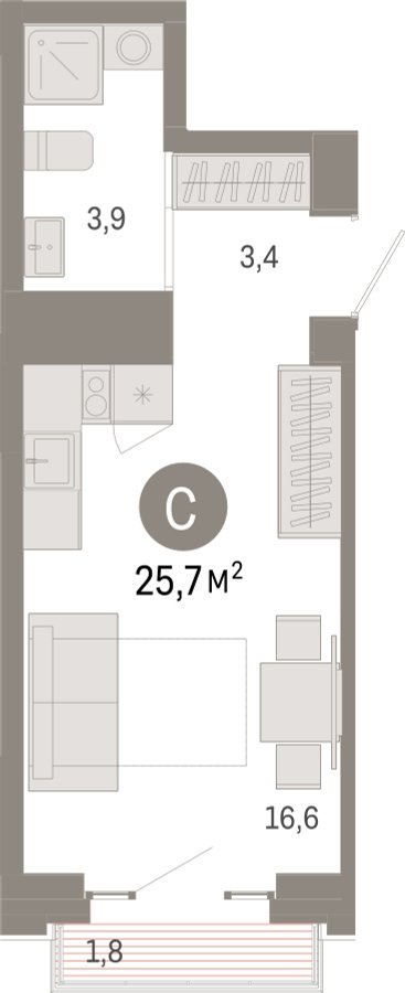 Студия с частичной отделкой, 25.7 м2, 3 этаж, сдача 3 квартал 2026 г., ЖК Квартал Метроном, корпус 1 - объявление 2330981 - фото №1