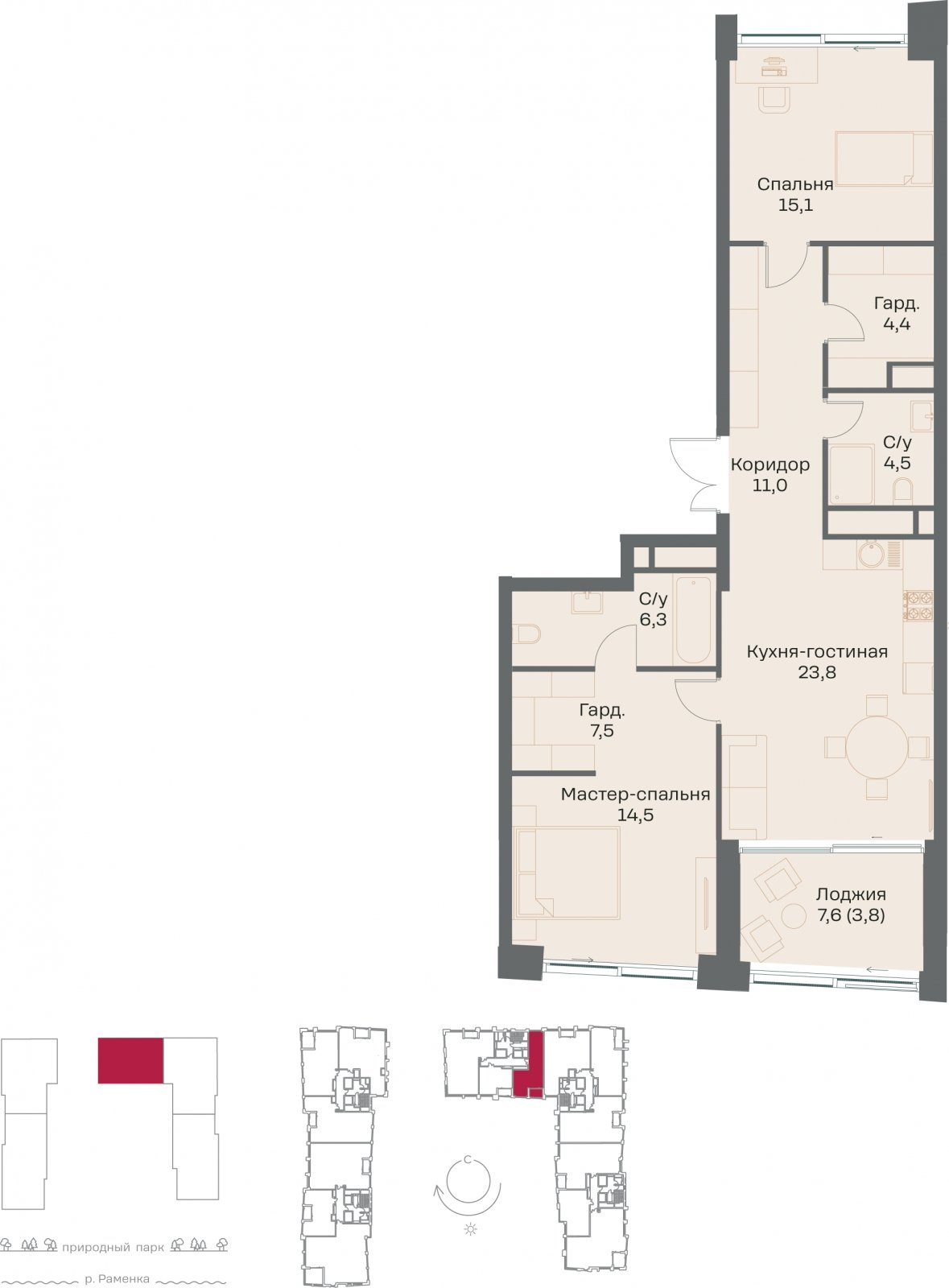2-комнатная квартира без отделки, 90.9 м2, 10 этаж, сдача 4 квартал 2026 г., ЖК РЕКА, корпус 3 - объявление 2342449 - фото №1