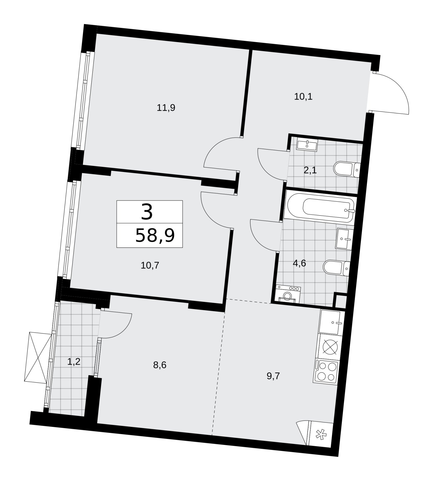 3-комнатная квартира (евро) без отделки, 58.9 м2, 2 этаж, сдача 1 квартал 2026 г., ЖК Деснаречье, корпус 4.1 - объявление 2263337 - фото №1