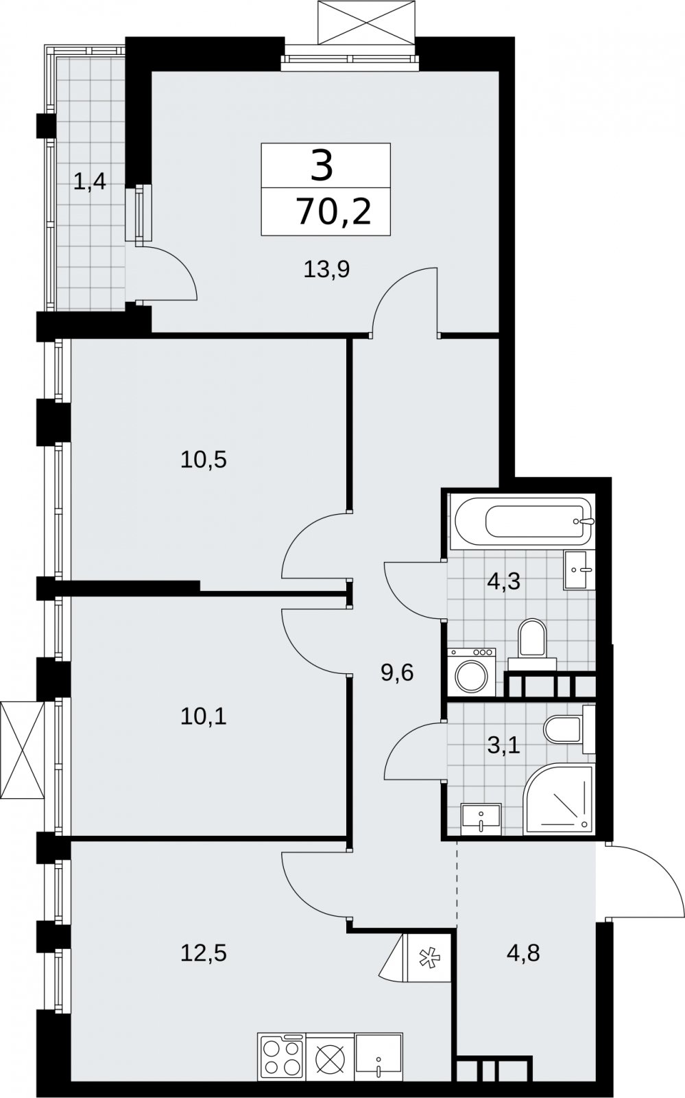 3-комнатная квартира с частичной отделкой, 70.2 м2, 6 этаж, сдача 2 квартал 2026 г., ЖК Бунинские кварталы, корпус 5.1 - объявление 2297016 - фото №1