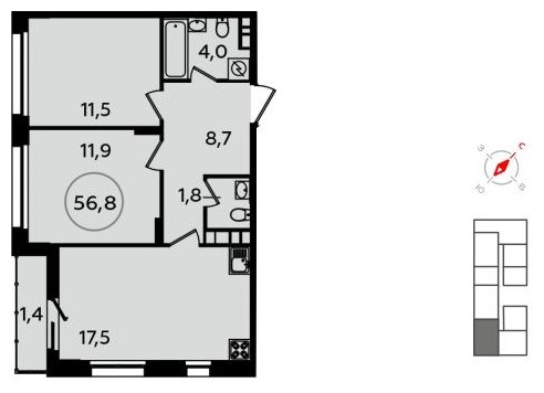 2-комнатная квартира без отделки, 56.8 м2, 13 этаж, сдача 1 квартал 2022 г., ЖК Скандинавия, корпус 13.4 - объявление 1412608 - фото №1