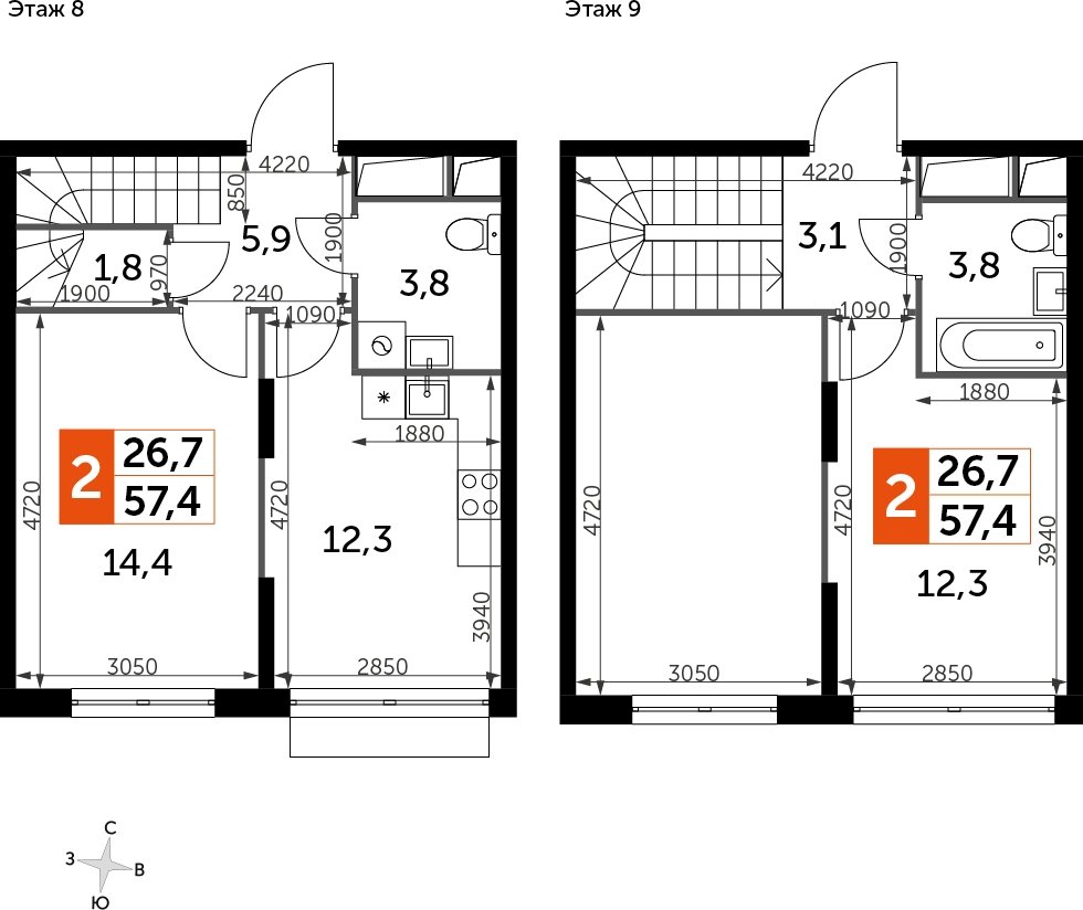 2-комнатная квартира без отделки, 57.4 м2, 8 этаж, дом сдан, ЖК UP-квартал Римский, корпус 7 - объявление 2208649 - фото №1