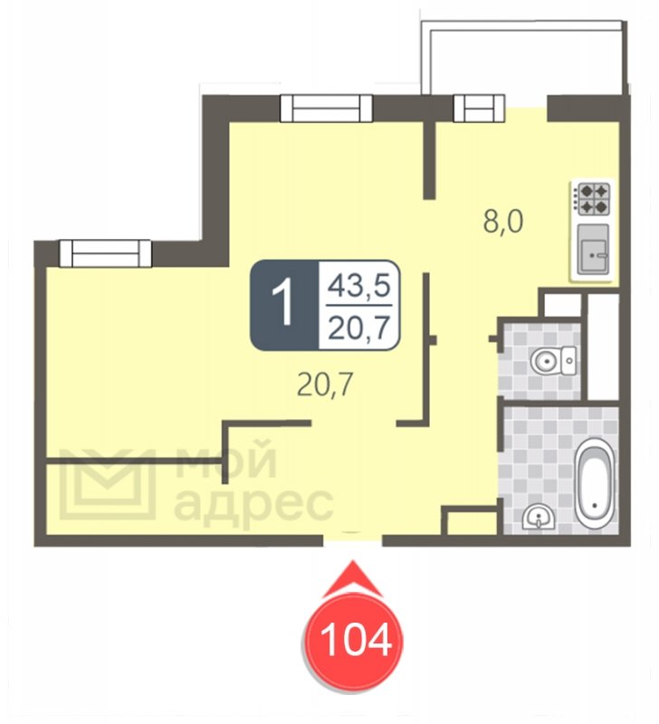 1-комнатная квартира с полной отделкой, 43.5 м2, 2 этаж, дом сдан, ЖК мой адрес В Зеленограде, корпус 2032 - объявление 1853419 - фото №1
