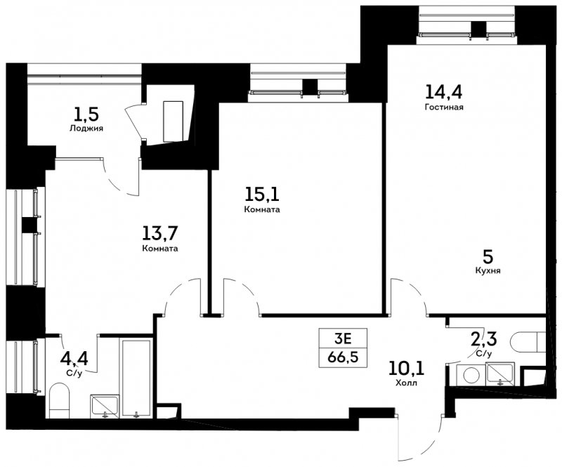 3-комнатная квартира без отделки, 66.5 м2, 11 этаж, сдача 4 квартал 2022 г., ЖК Квартал на набережной NOW, корпус 1.4 - объявление 1672894 - фото №1