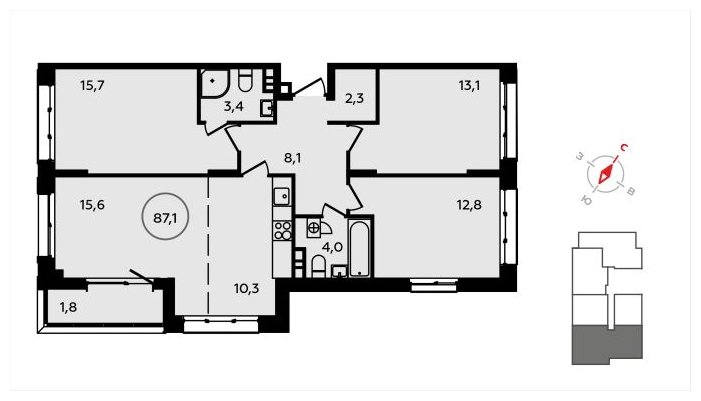 4-комнатная квартира (евро) без отделки, 87.1 м2, 3 этаж, сдача 3 квартал 2024 г., ЖК Скандинавия, корпус 2.22.2 - объявление 1625312 - фото №1